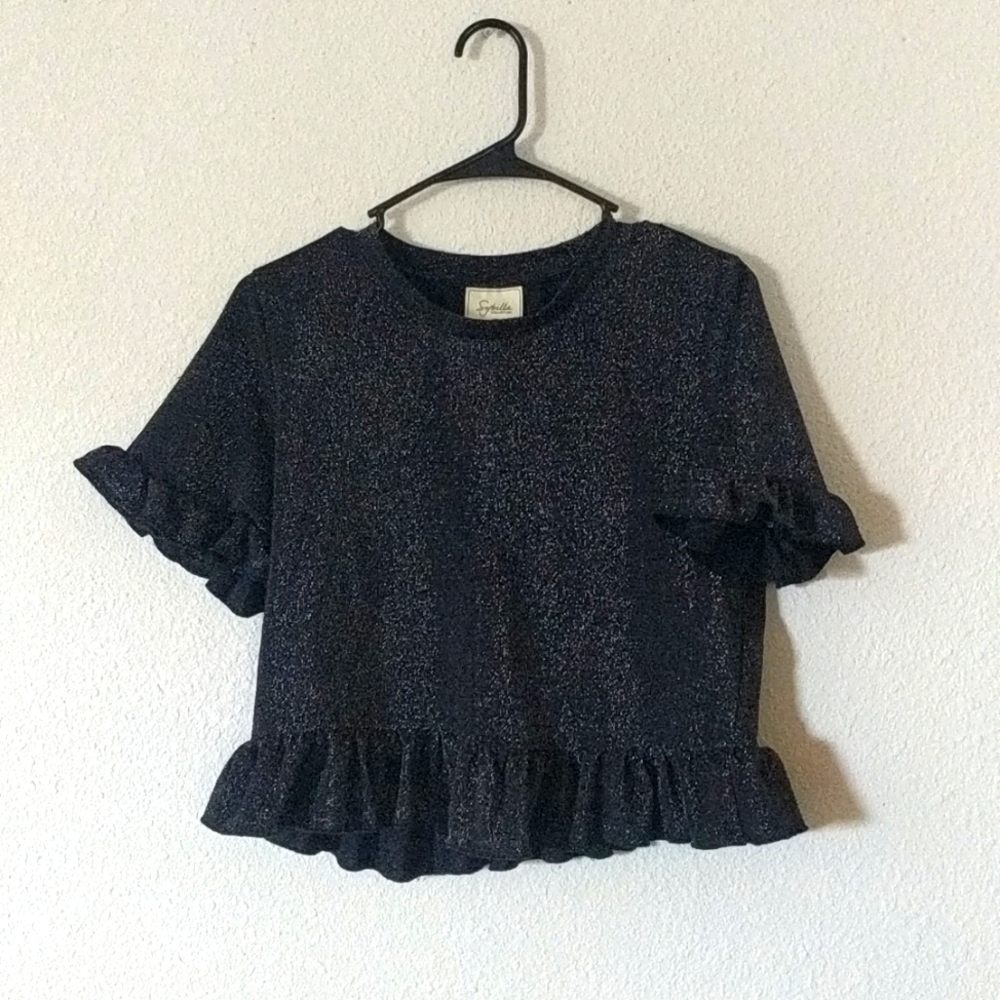 Sybilla Collection Black Metallic Cropped Top Ruffled Small